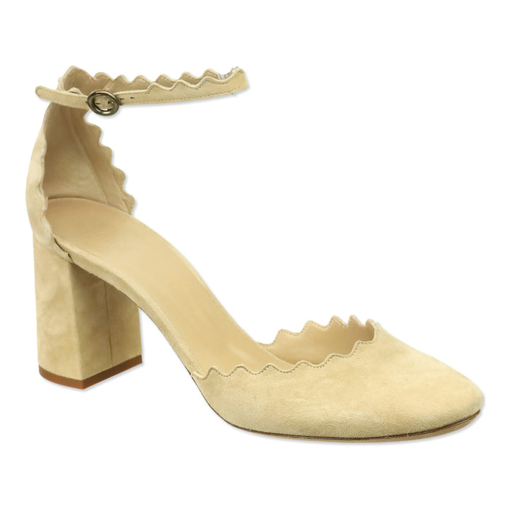 Chloe Beige Suede Scalloped Lauren Ankle-Strap Pump