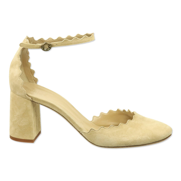 Chloe Beige Suede Scalloped Lauren Ankle-Strap Pump