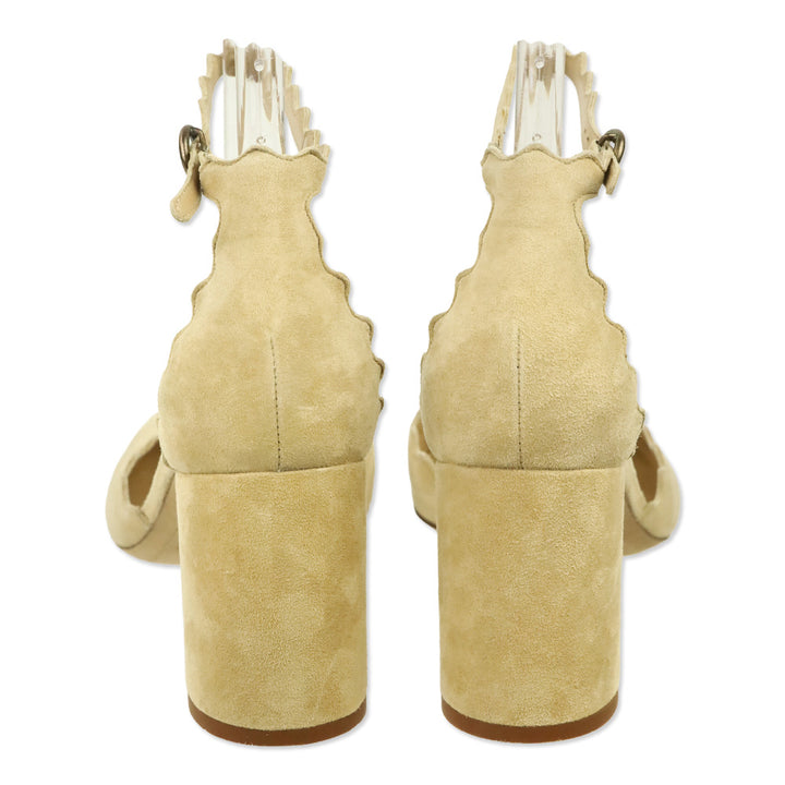 Chloe Beige Suede Scalloped Lauren Ankle-Strap Pump