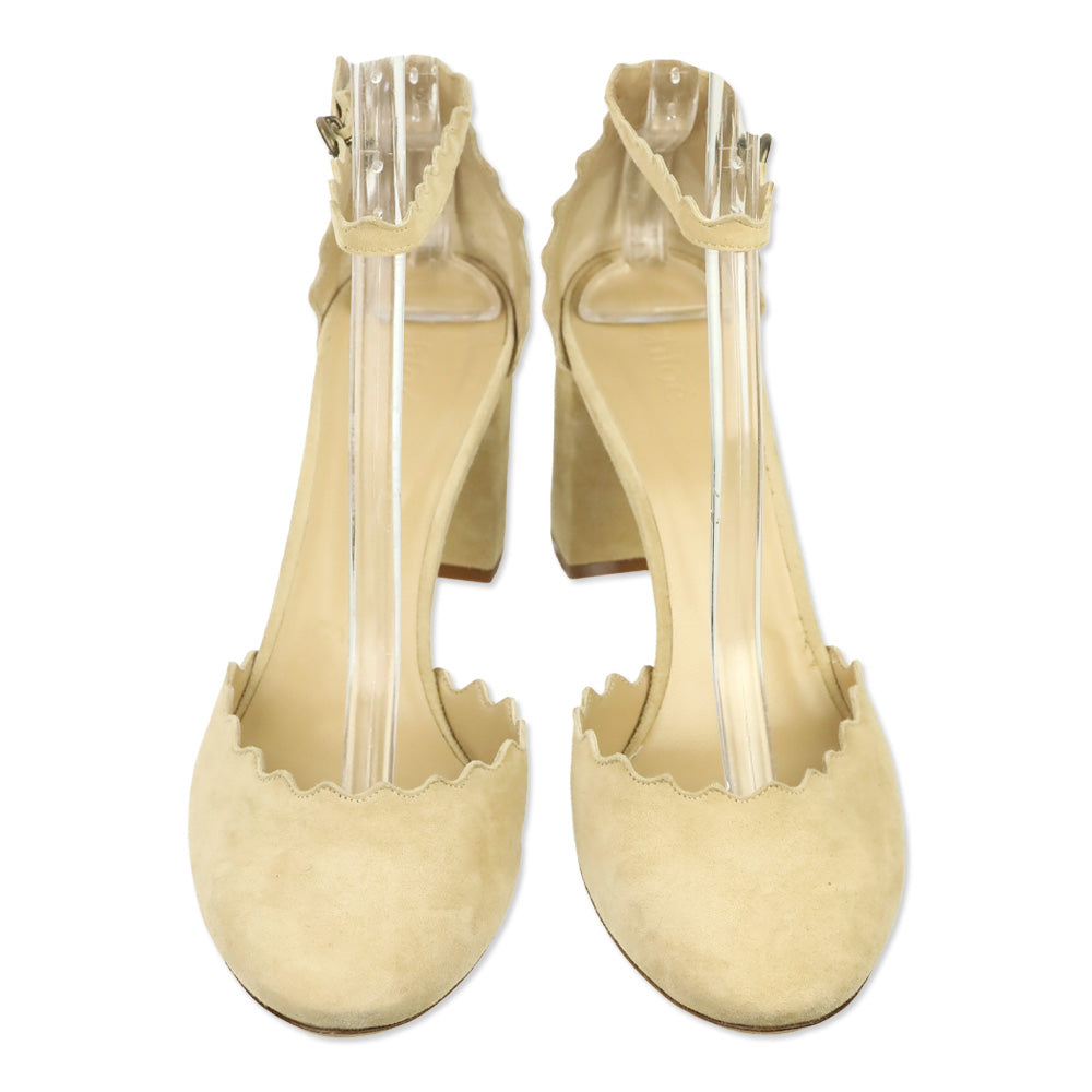 Chloe Beige Suede Scalloped Lauren Ankle-Strap Pump