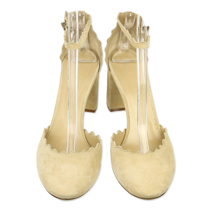 Chloe Beige Suede Scalloped Lauren Ankle-Strap Pump