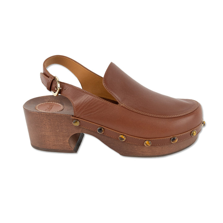 Chloé Brown Aurna Leather Studded Accent Slingback Clogs