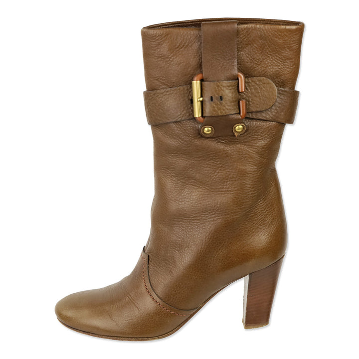 Chloe Brown Leather Buckle Mid Calf Heeled Boot