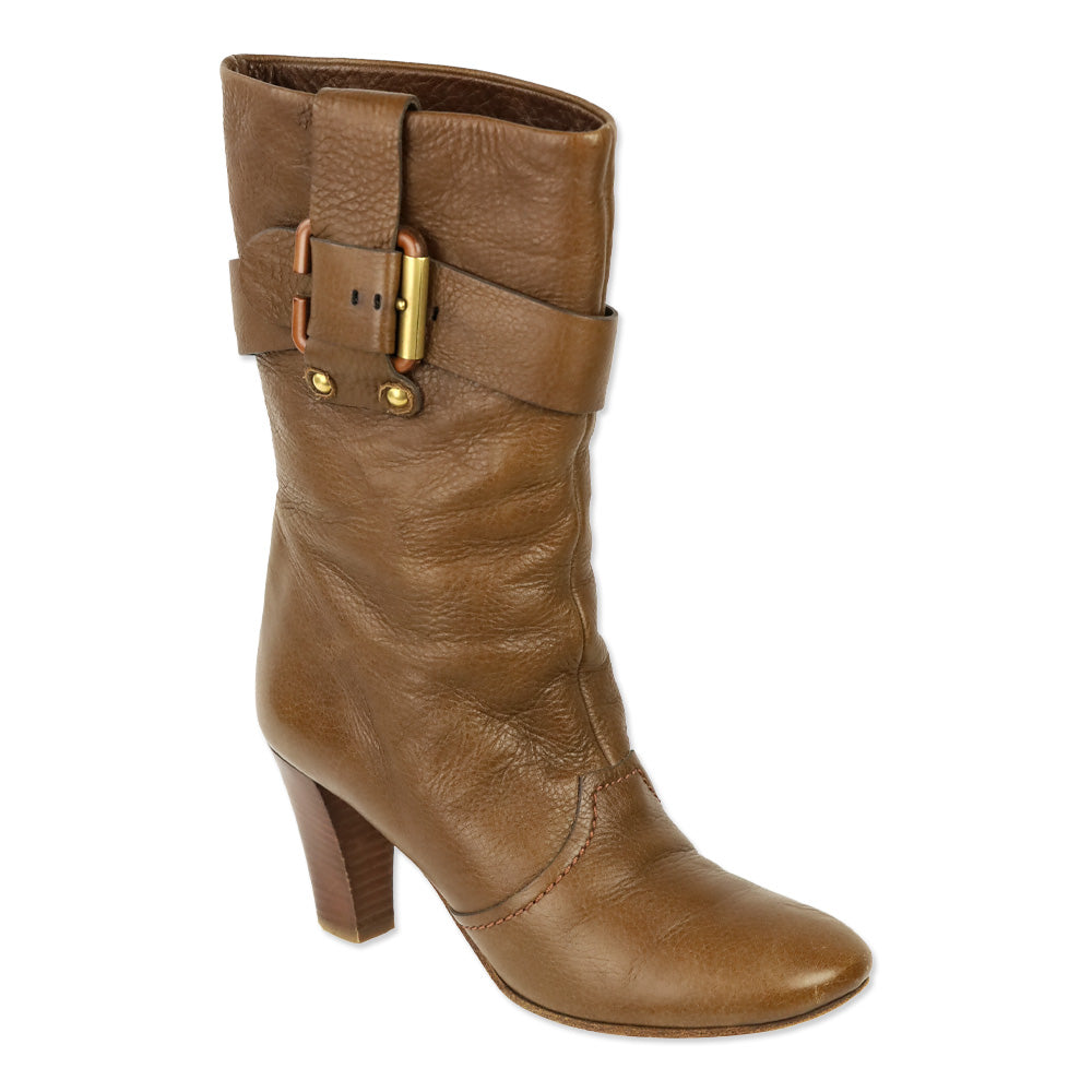 Chloe Brown Leather Buckle Mid Calf Heeled Boot