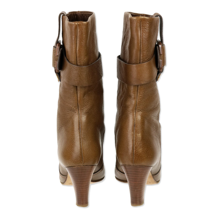 Chloe Brown Leather Buckle Mid Calf Heeled Boot