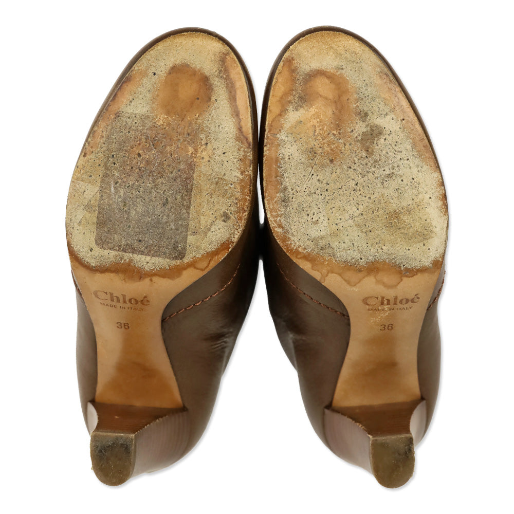 Chloe Brown Leather Buckle Mid Calf Heeled Boot