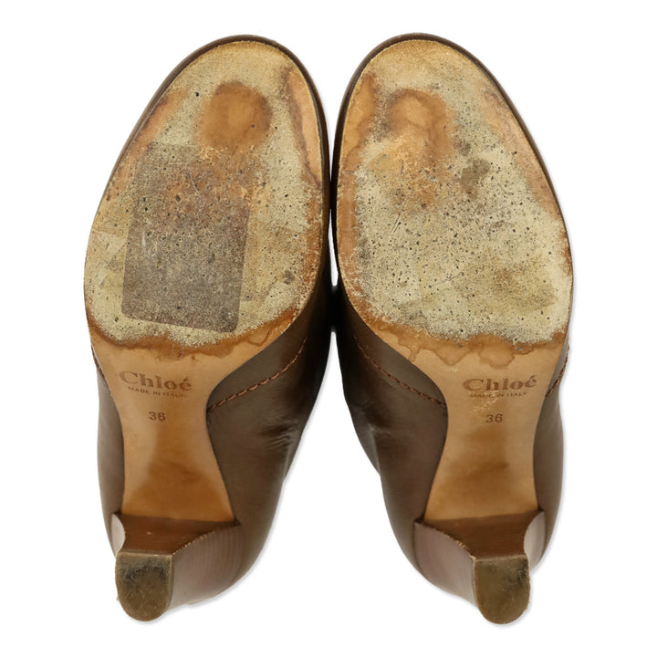 Chloe Brown Leather Buckle Mid Calf Heeled Boot