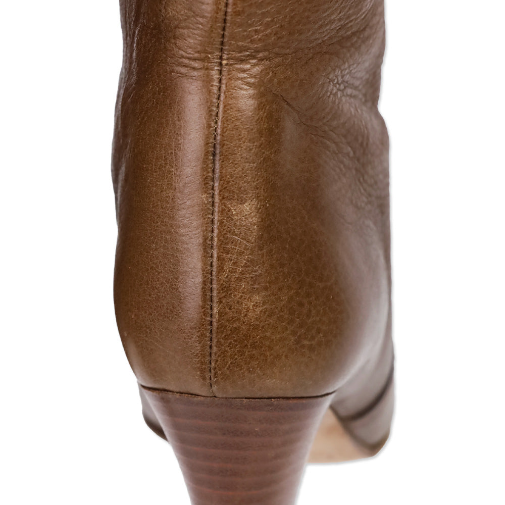 Chloe Brown Leather Buckle Mid Calf Heeled Boot