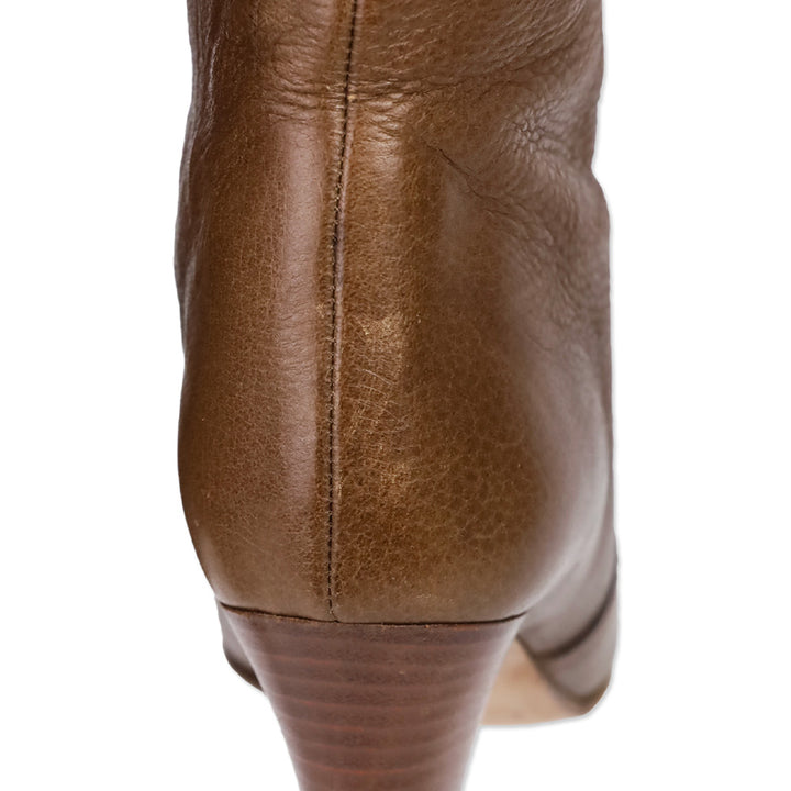 Chloe Brown Leather Buckle Mid Calf Heeled Boot