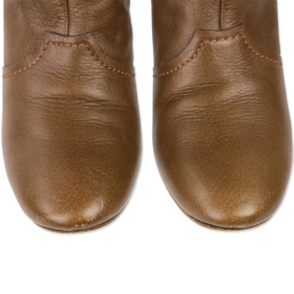 Chloe Brown Leather Buckle Mid Calf Heeled Boot