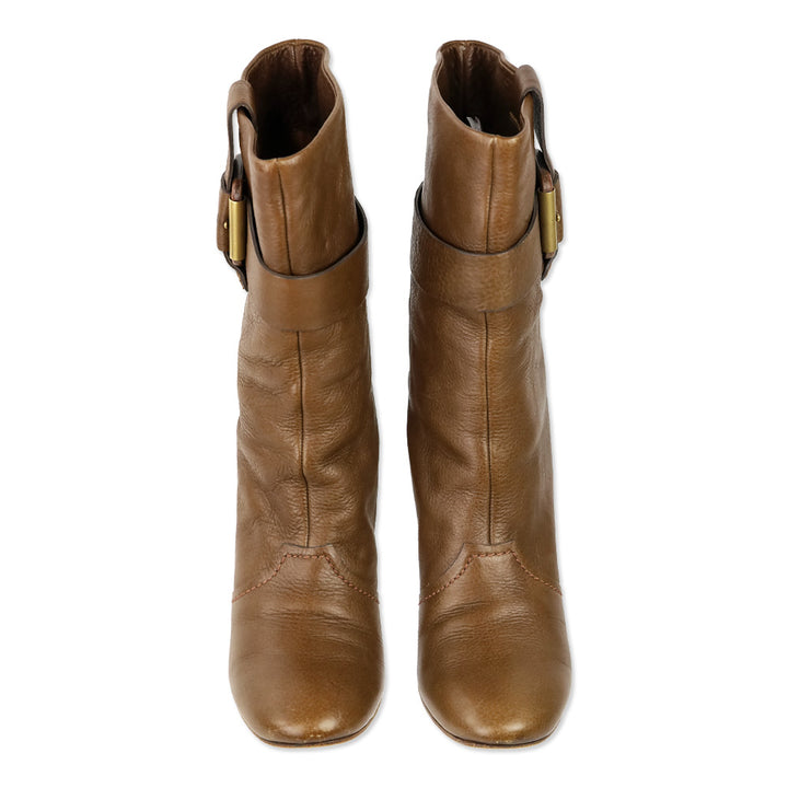 Chloe Brown Leather Buckle Mid Calf Heeled Boot