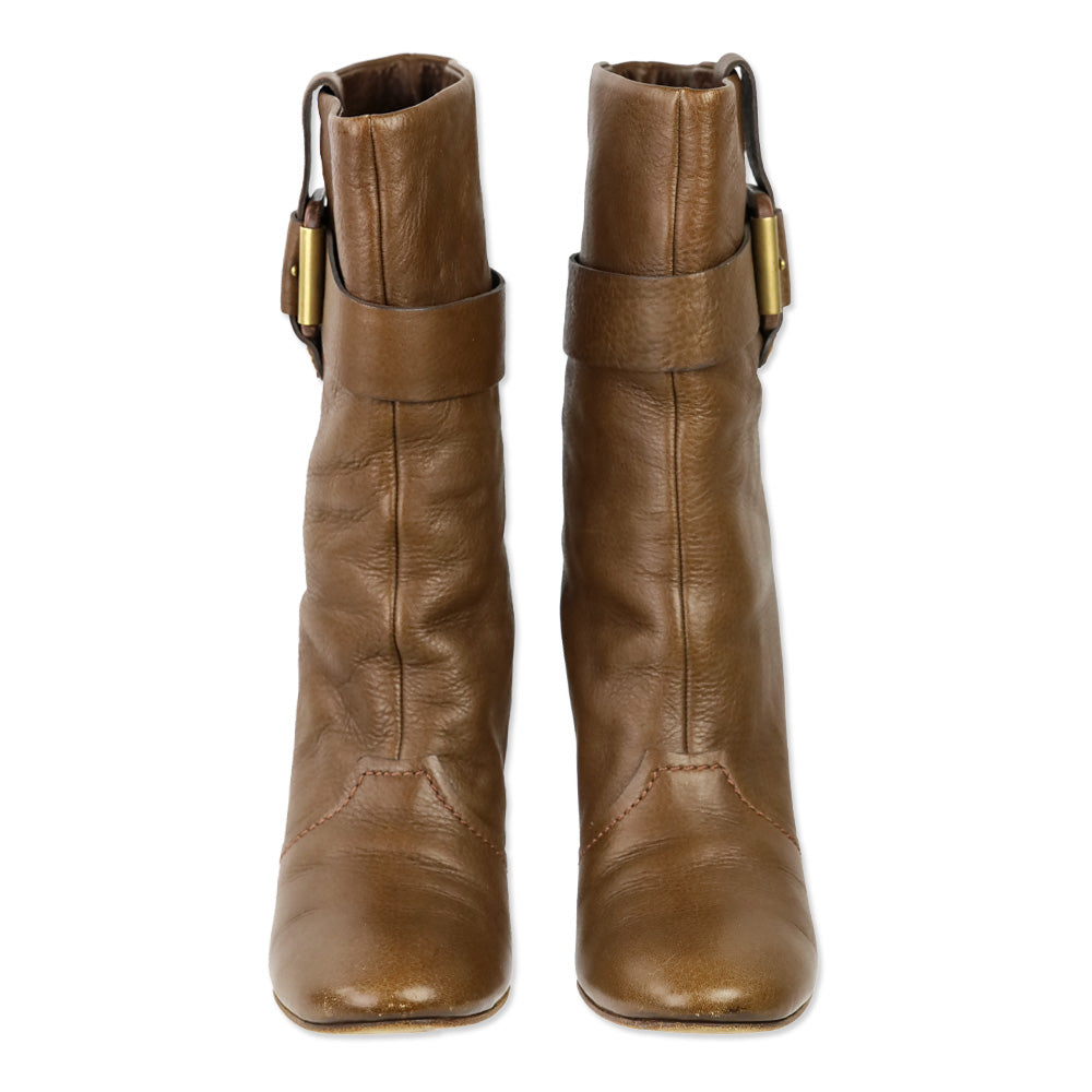 Chloe Brown Leather Buckle Mid Calf Heeled Boot
