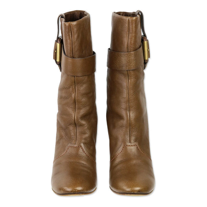 Chloe Brown Leather Buckle Mid Calf Heeled Boot
