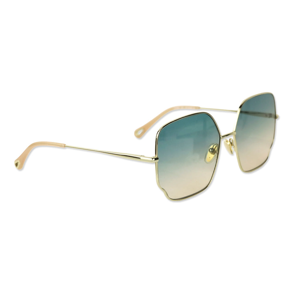 Chloé Gold Metal Square Blue Tinted Sunglasses