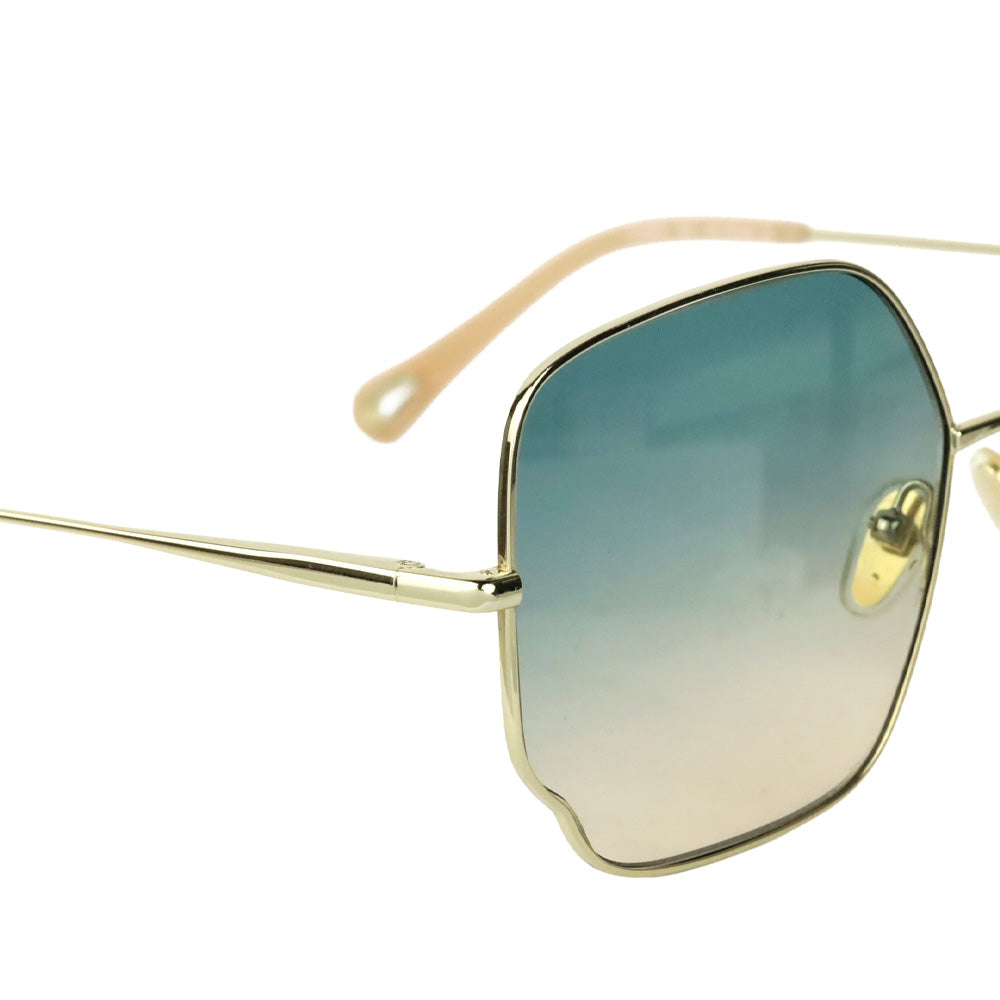 Chloé Gold Metal Square Blue Tinted Sunglasses