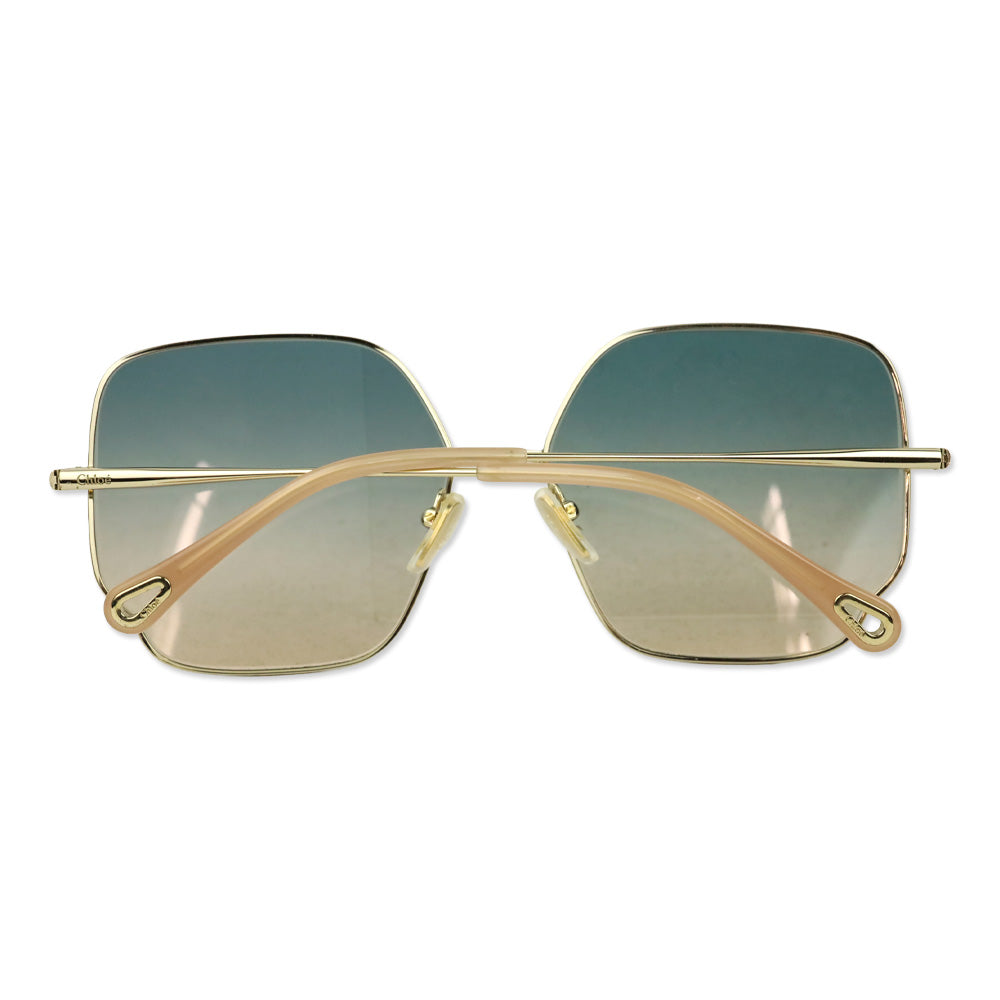 Chloé Gold Metal Square Blue Tinted Sunglasses