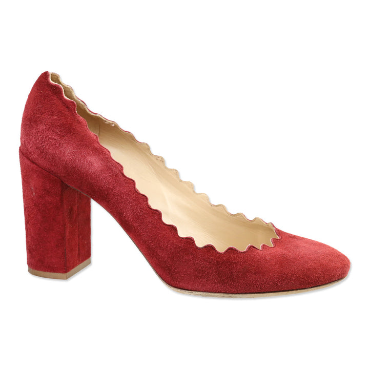 Chloé Lauren Bordeaux Suede Scalloped Block Heel Pumps