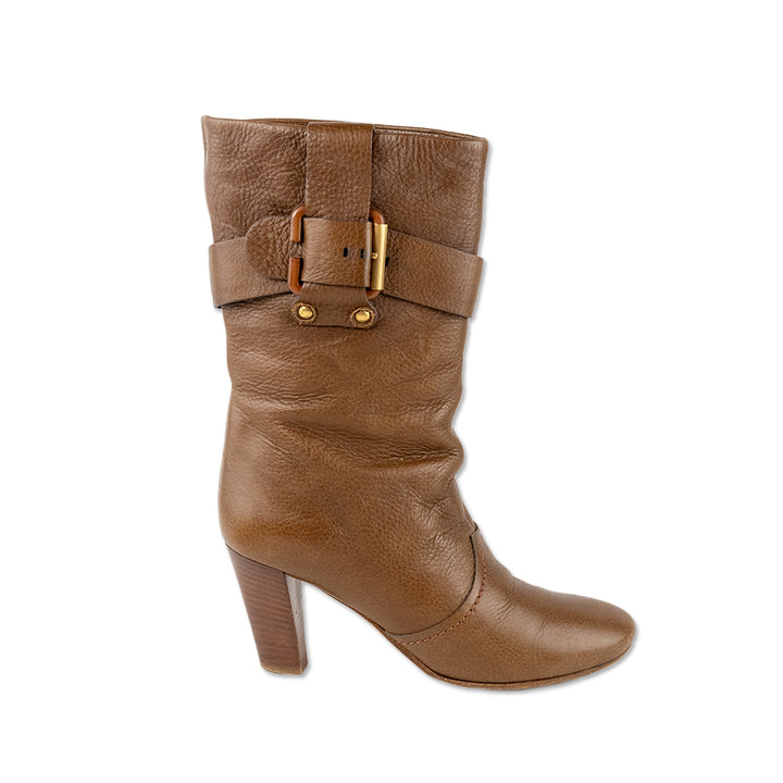 Chloe Mid Calf Brown Leather Buckle Heeled Boots