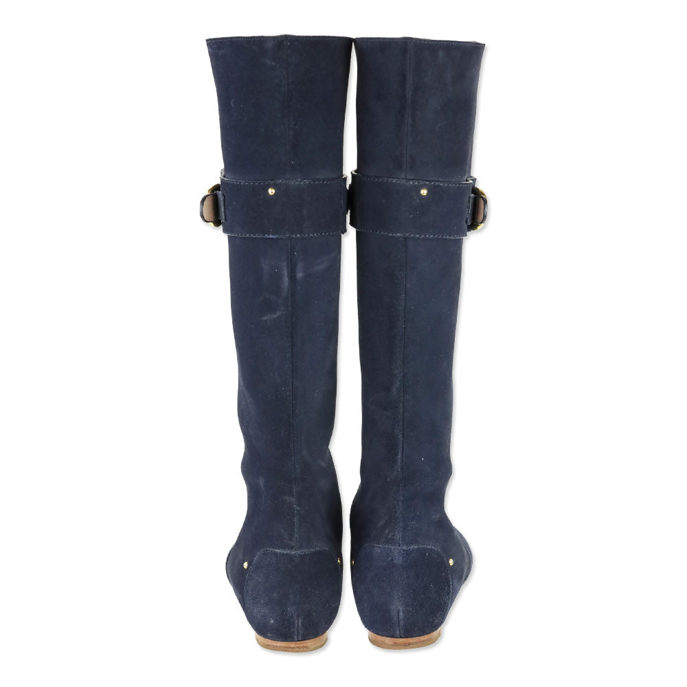 Chloé Navy Suede Paddington Buckle Knee-High Riding Boots