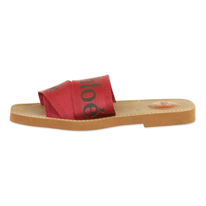 Chloé Red Canvas Webbing Black Logo Woody Slide Sandals