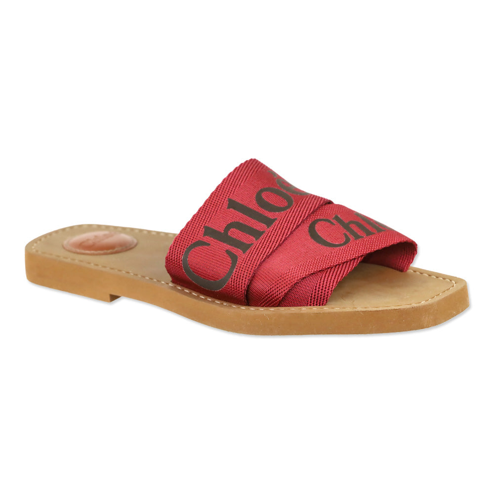 Chloé Red Canvas Webbing Black Logo Woody Slide Sandals
