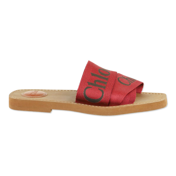 Chloé Red Canvas Webbing Black Logo Woody Slide Sandals
