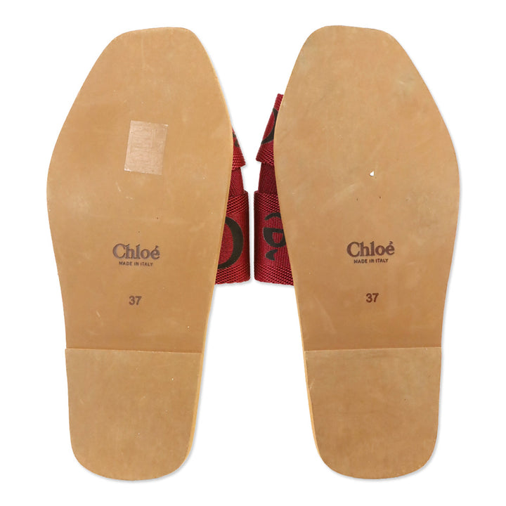 Chloé Red Canvas Webbing Black Logo Woody Slide Sandals