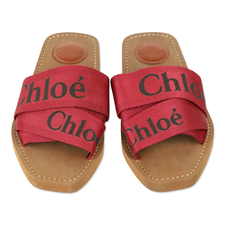 Chloé Red Canvas Webbing Black Logo Woody Slide Sandals