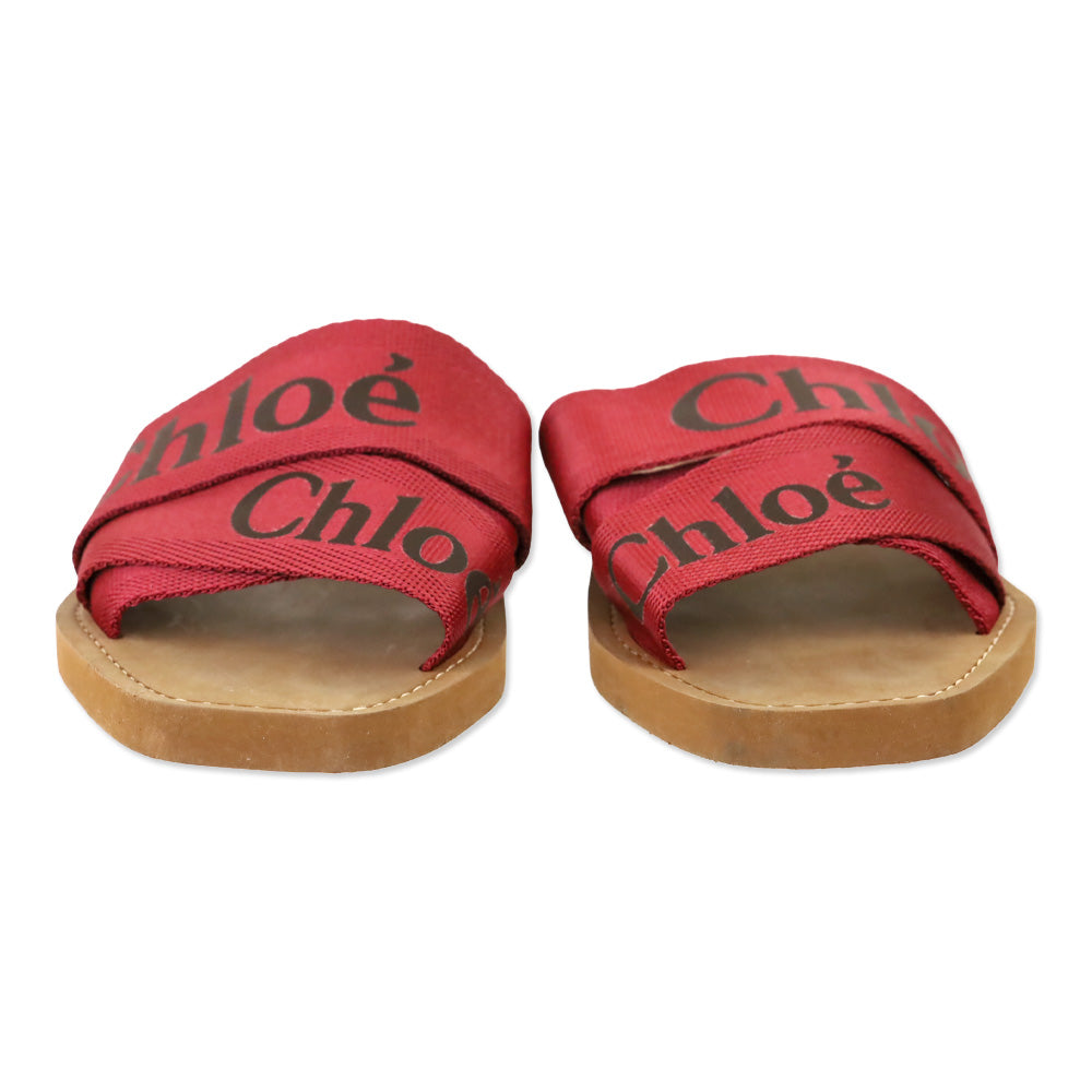 Chloé Red Canvas Webbing Black Logo Woody Slide Sandals