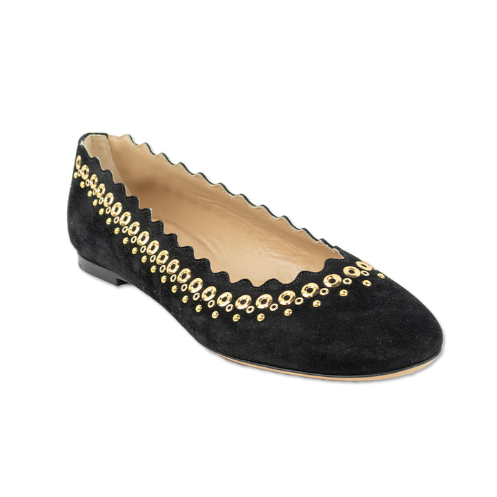 Chloe Black Suede Scalloped Studded Ballet Flats