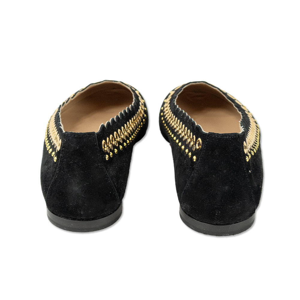 Chloe Black Suede Scalloped Studded Ballet Flats