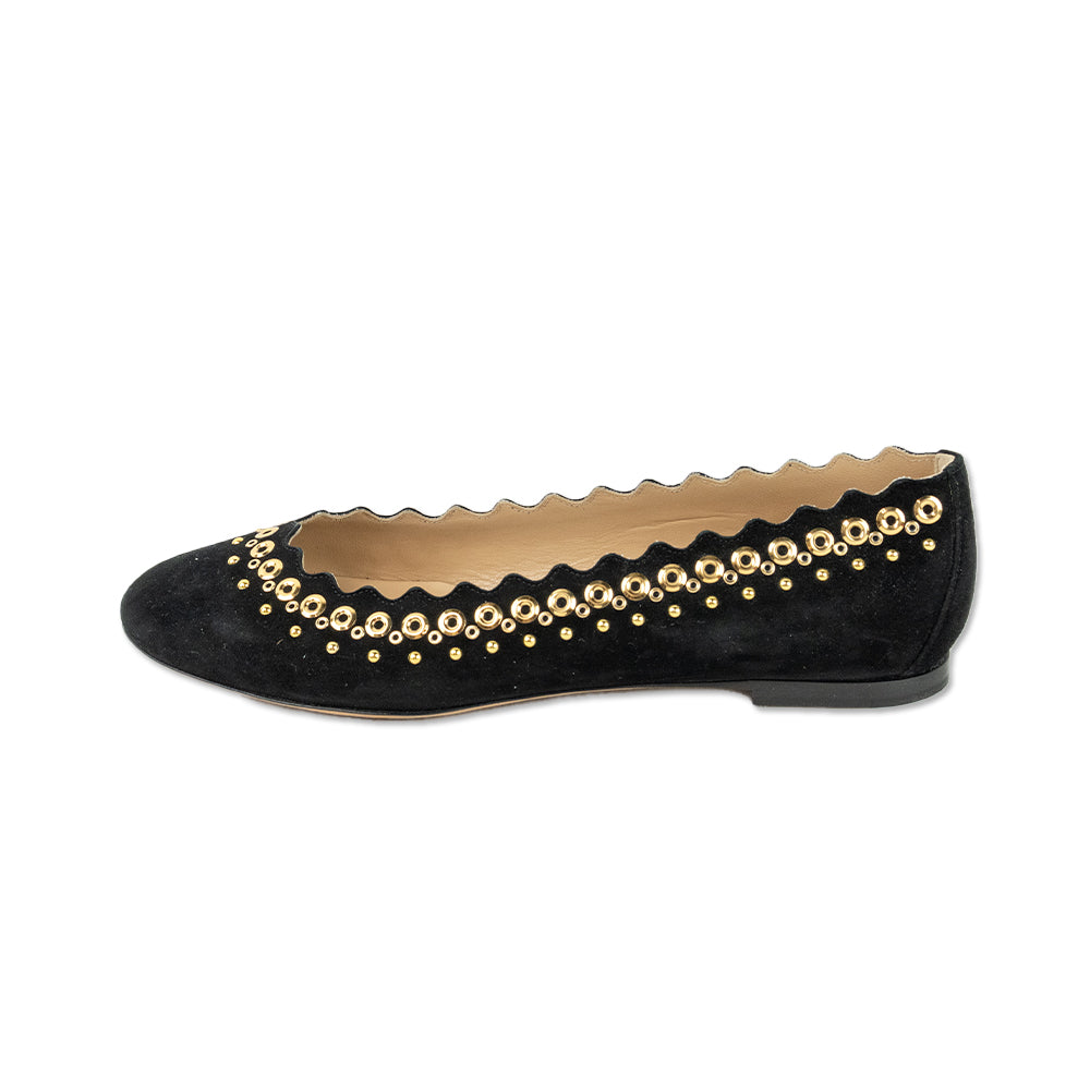 Chloe Black Suede Scalloped Studded Ballet Flats