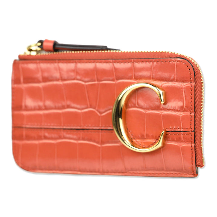 Chloé Tawny Orange C Croc-Embossed Leather Zip Card Holder
