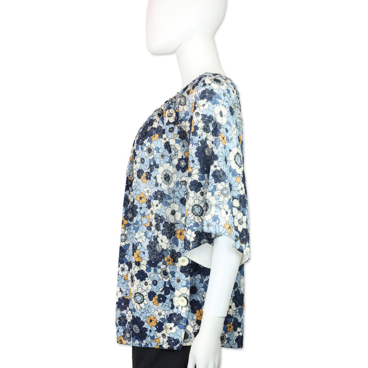 Chloé 2017 Blue Floral Gauze Off-Shoulder Top