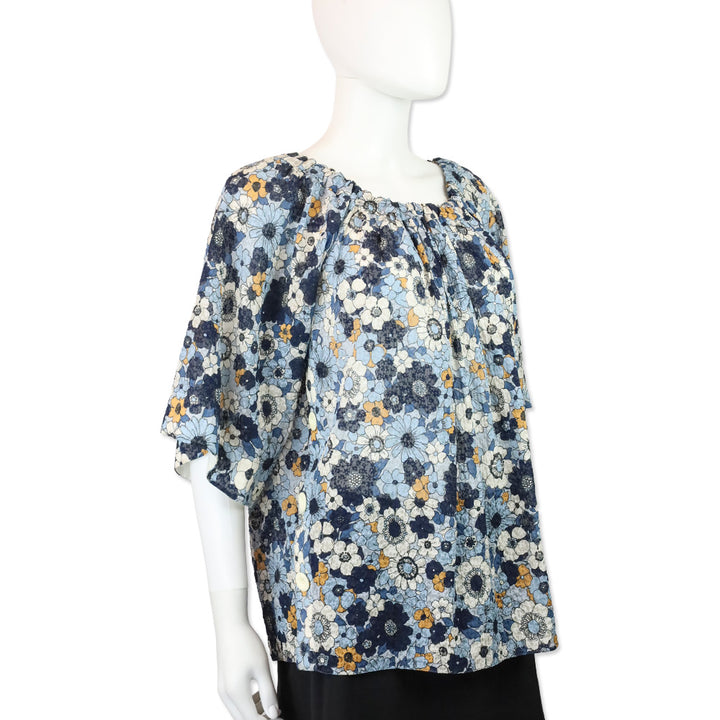 Chloé 2017 Blue Floral Gauze Off-Shoulder Top