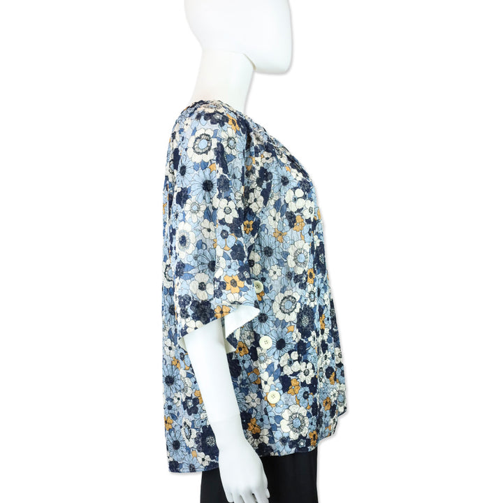 Chloé 2017 Blue Floral Gauze Off-Shoulder Top