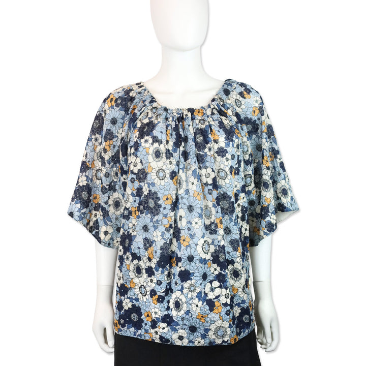 Chloé 2017 Blue Floral Gauze Off-Shoulder Top