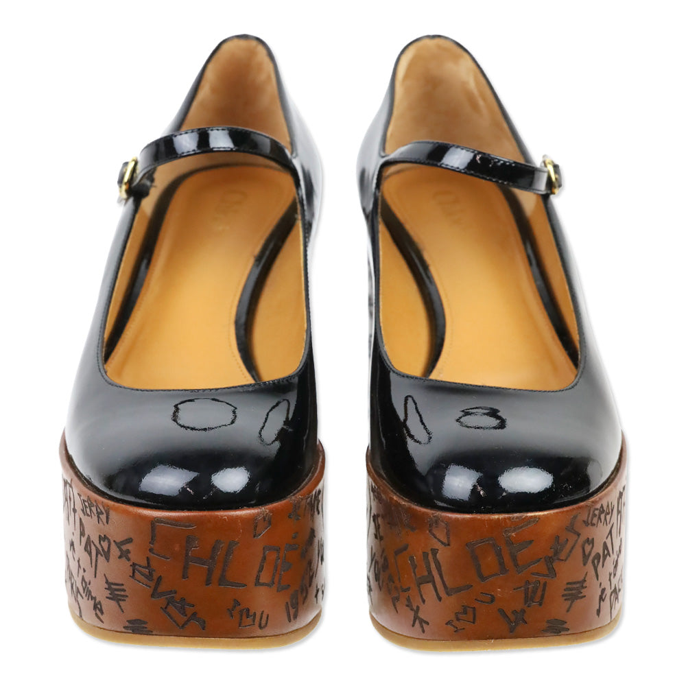 Chloé F/W 2024 Maxime 80 Black Patent Leather Mary Jane Platform Wedge Pumps