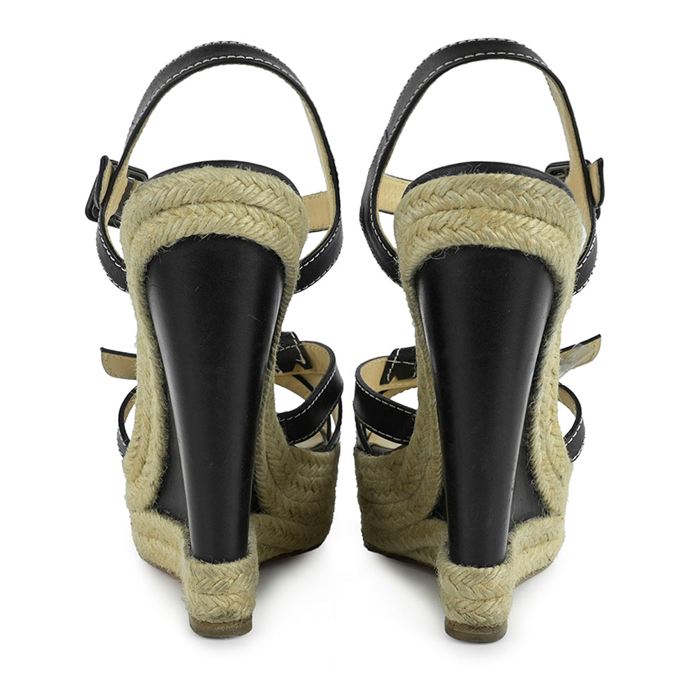 Christian Louboutin Black Leather Espadrille Wedge Sandals