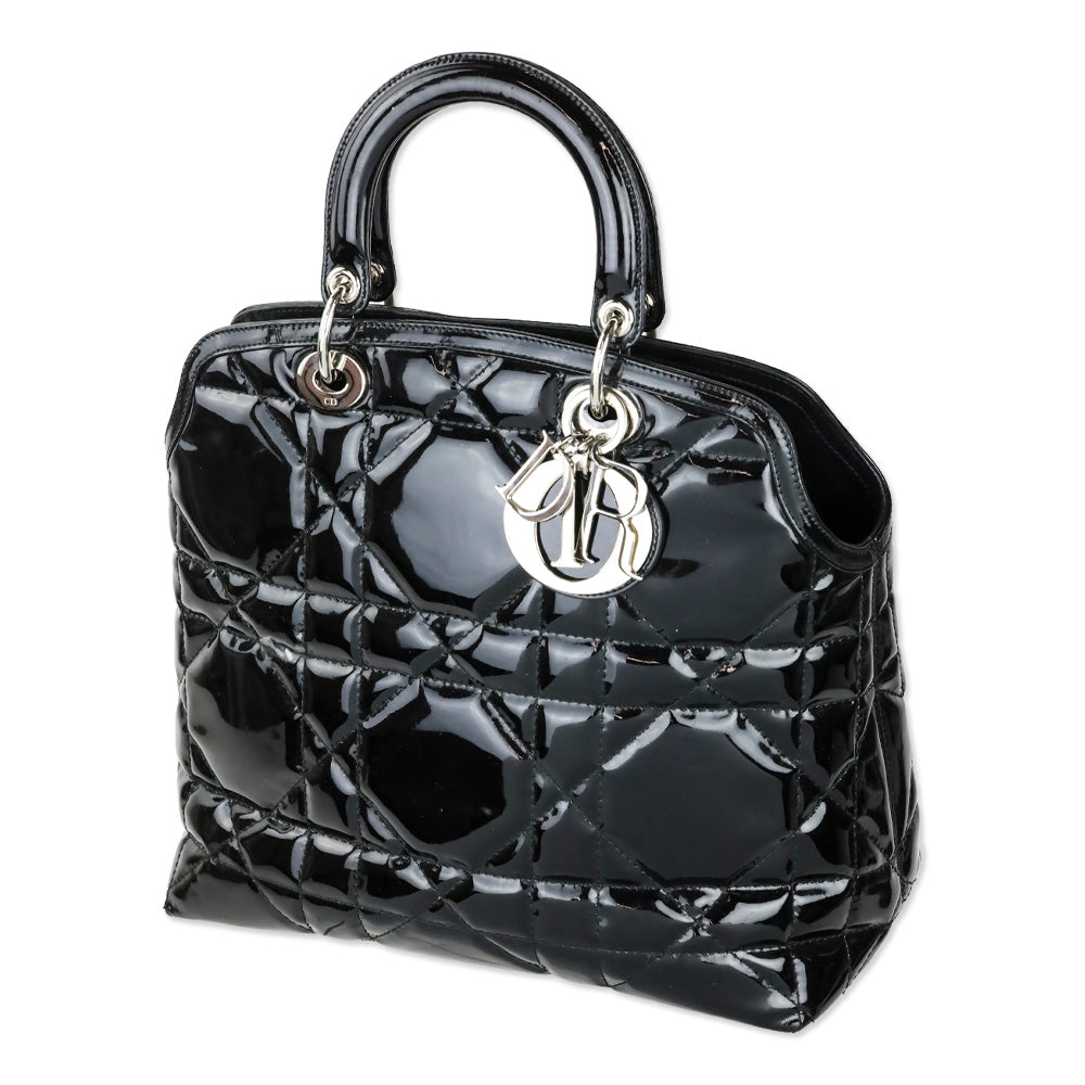 Christian Dior Black Cannage Quilted Patent Leather Granville Satchel Tote