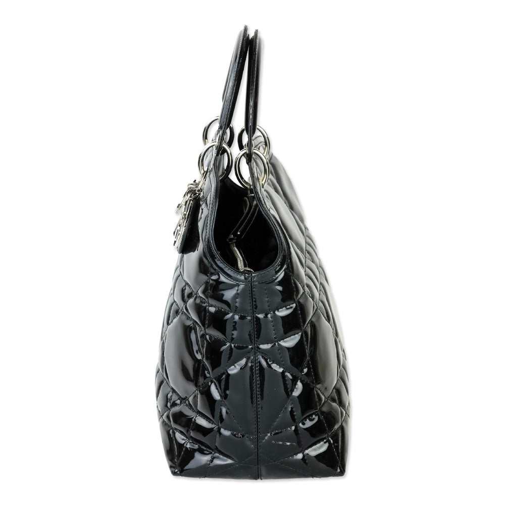Christian Dior Black Cannage Quilted Patent Leather Granville Satchel Tote