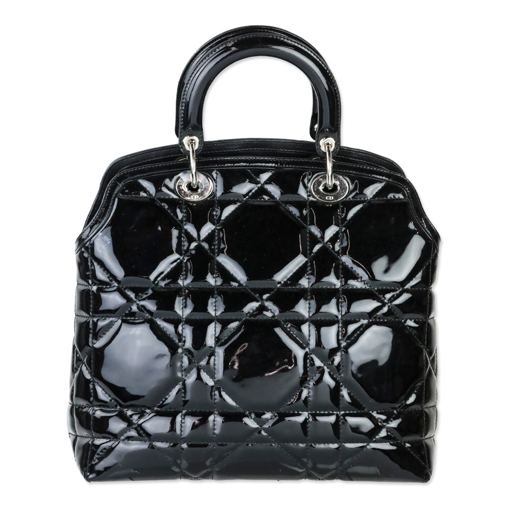 Christian Dior Black Cannage Quilted Patent Leather Granville Satchel Tote