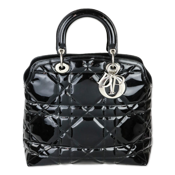 Christian Dior Black Cannage Quilted Patent Leather Granville Satchel Tote