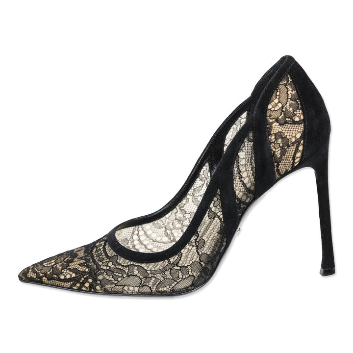 Christian Dior Black Suede Floral Lace Pointed Toe Pump