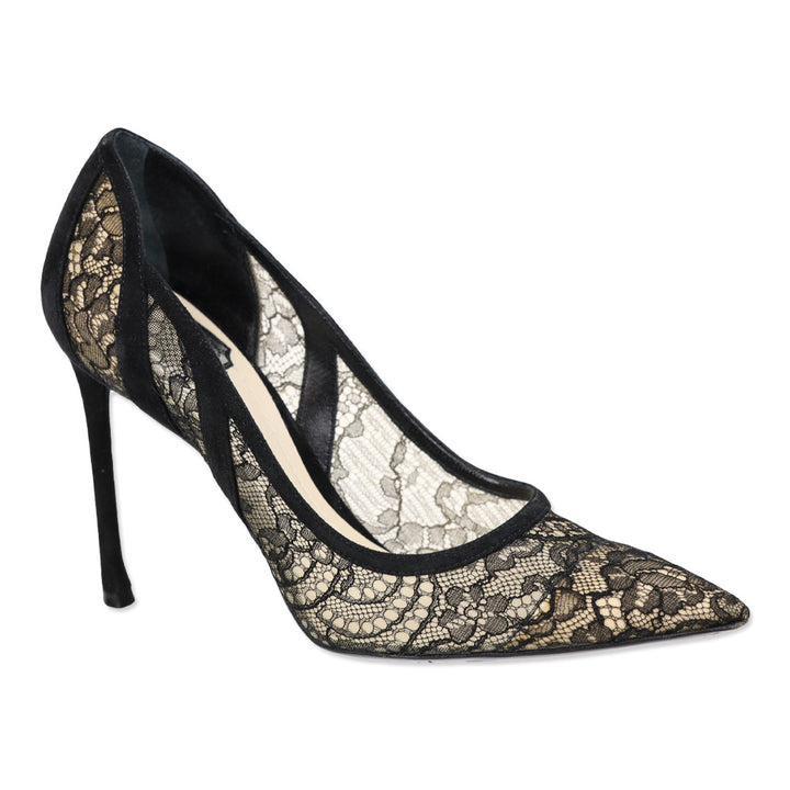 Christian Dior Black Suede Floral Lace Pointed Toe Pump