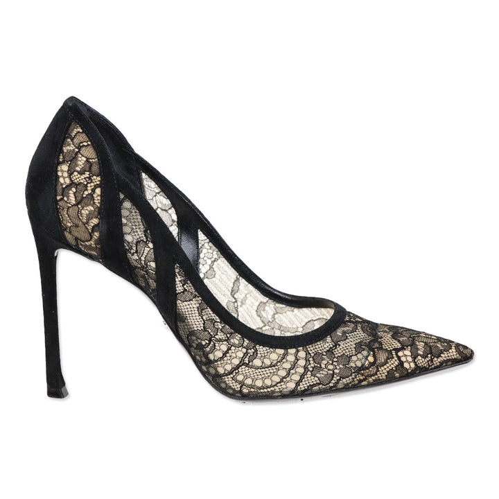 Christian Dior Black Suede Floral Lace Pointed Toe Pump