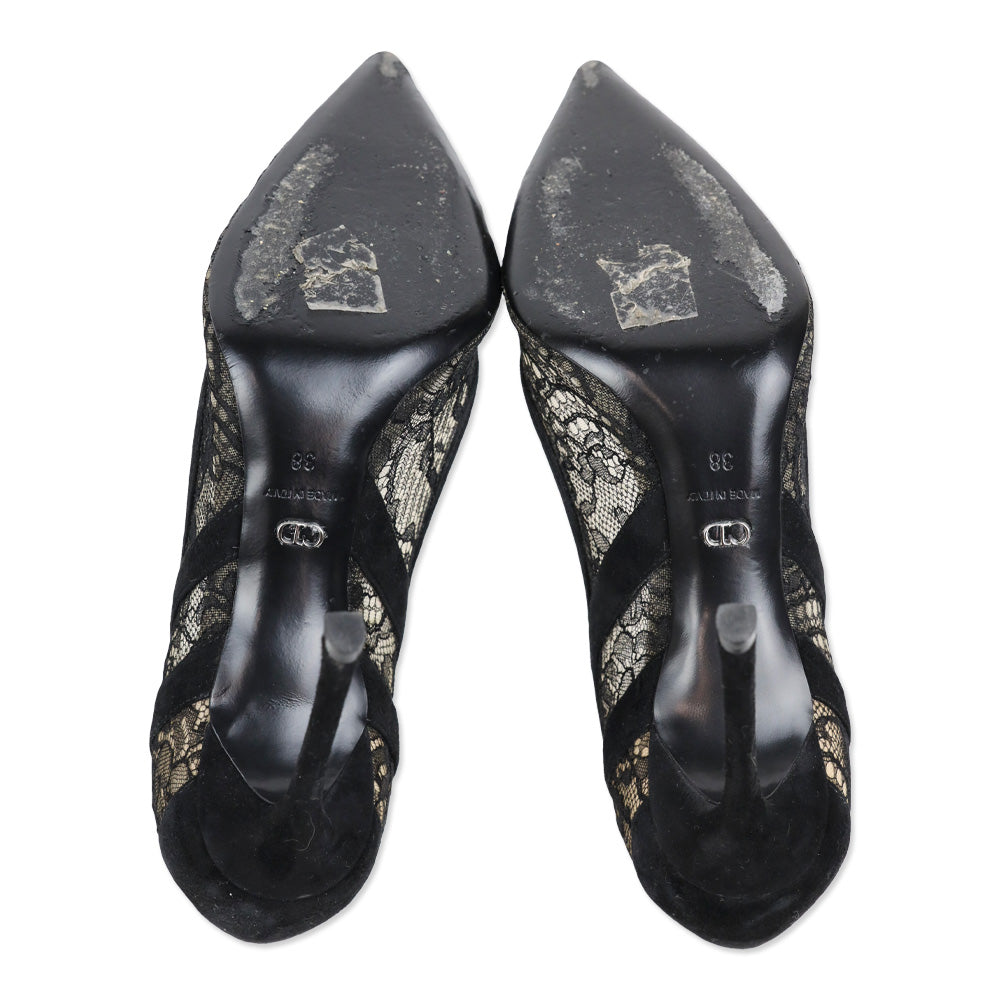 Christian Dior Black Suede Floral Lace Pointed Toe Pump