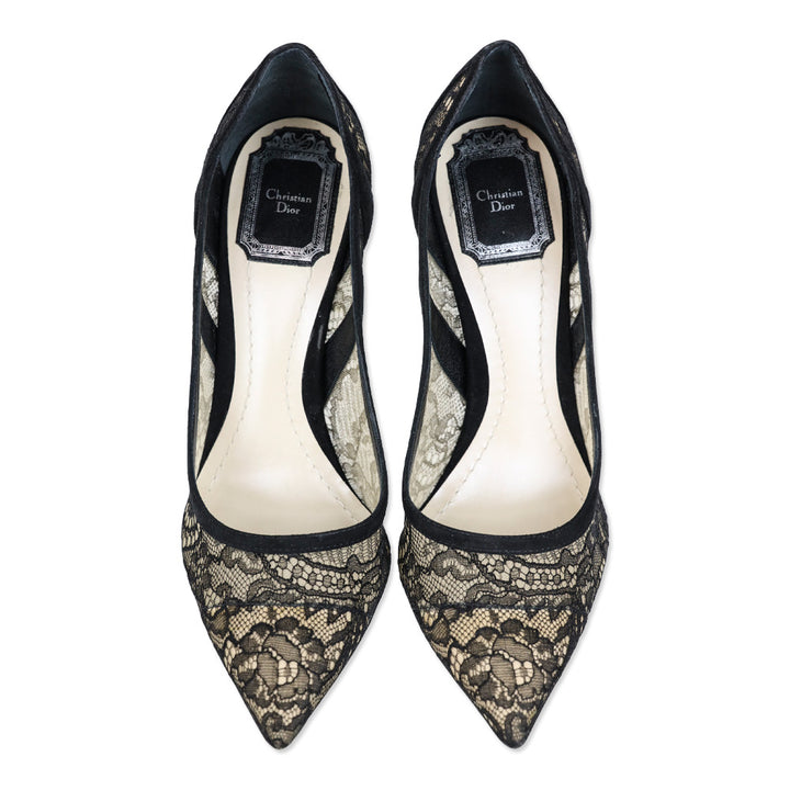 Christian Dior Black Suede Floral Lace Pointed Toe Pump