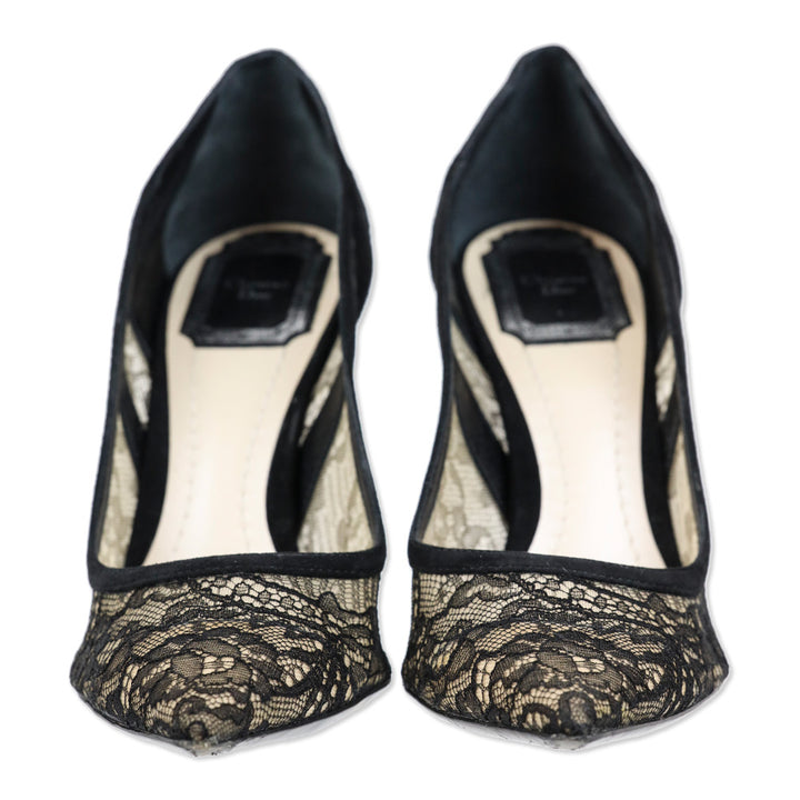 Christian Dior Black Suede Floral Lace Pointed Toe Pump