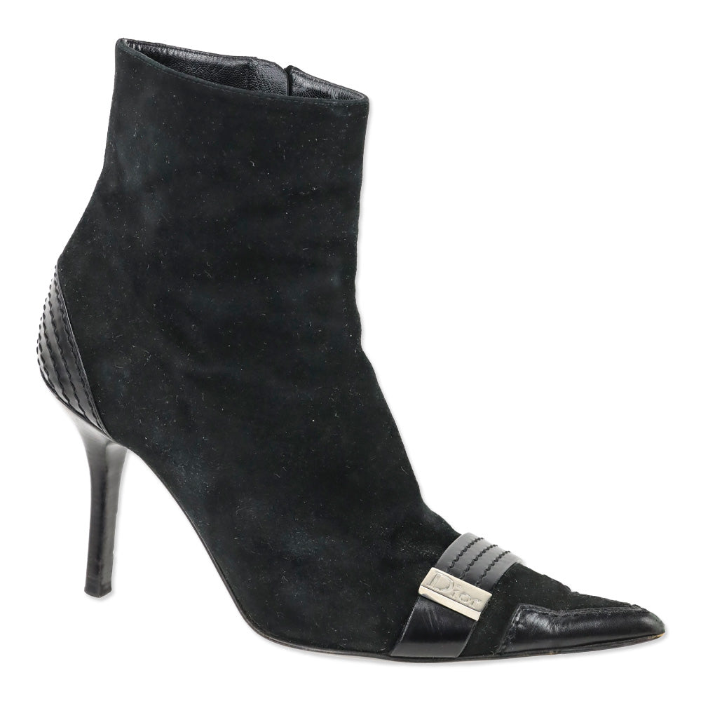 Christian Dior Black Suede Logo Buckle Ankle Booties